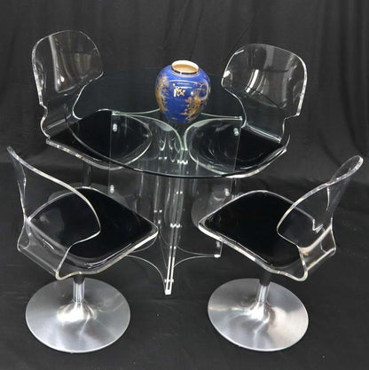 Tulip Chrome Base Lucite Seats Set of 4 Chairs Dining Table with Glass Round Top