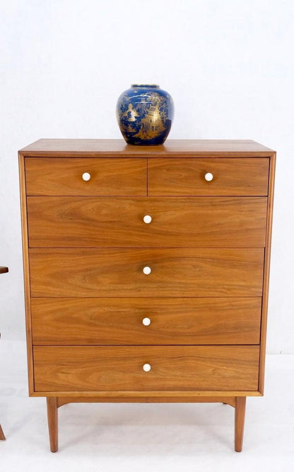 Mid Century 6 Drawers Walnut High Chest Dresser W/ Porcelain Ball Pulls Mint!