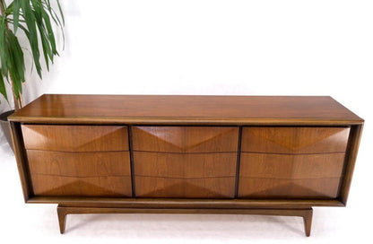 Mid-Century Modern Sculpted Walnut 9 Diamond Front Drawers Dresser Mint