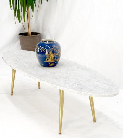 White Oval Carrara Marble Top Italian Mid-Century Modern Coffee Table Brass Legs