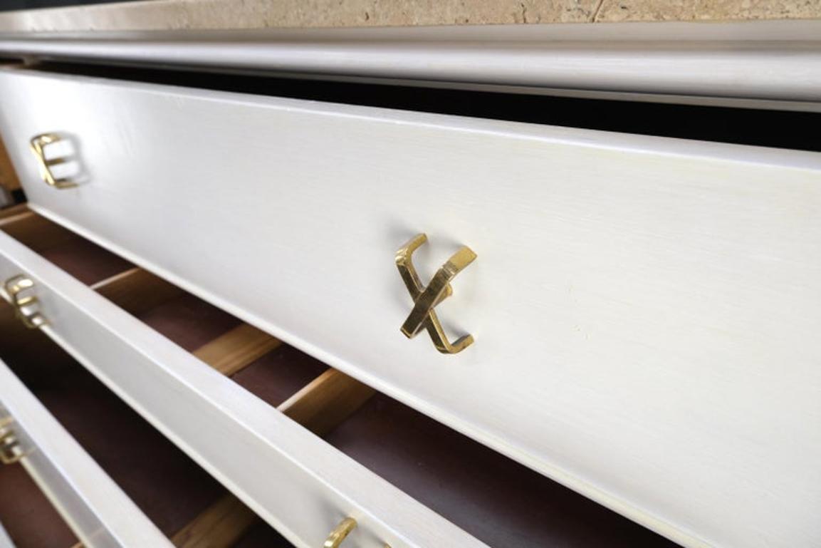 Paul Frankl for Johnson White Wash Marble Top 10 Drawers Dresser Brass x Pulls