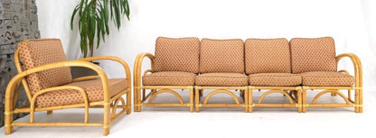 5 Pieces Set of Mid Century Rattan Bamboo Sectional Sofa & Arm Longe Chair Mint