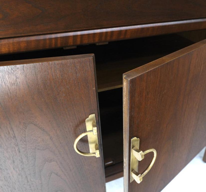 Long Walnut Mid-Century Modern Dresser Credenza w/ Brass Buckle Shape Pulls