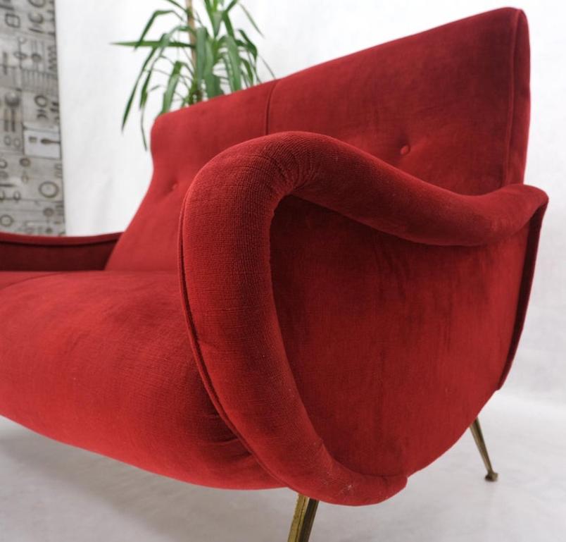 Red Upholstery Brass Legs Mid century Italian Modern Sofa Loveseat