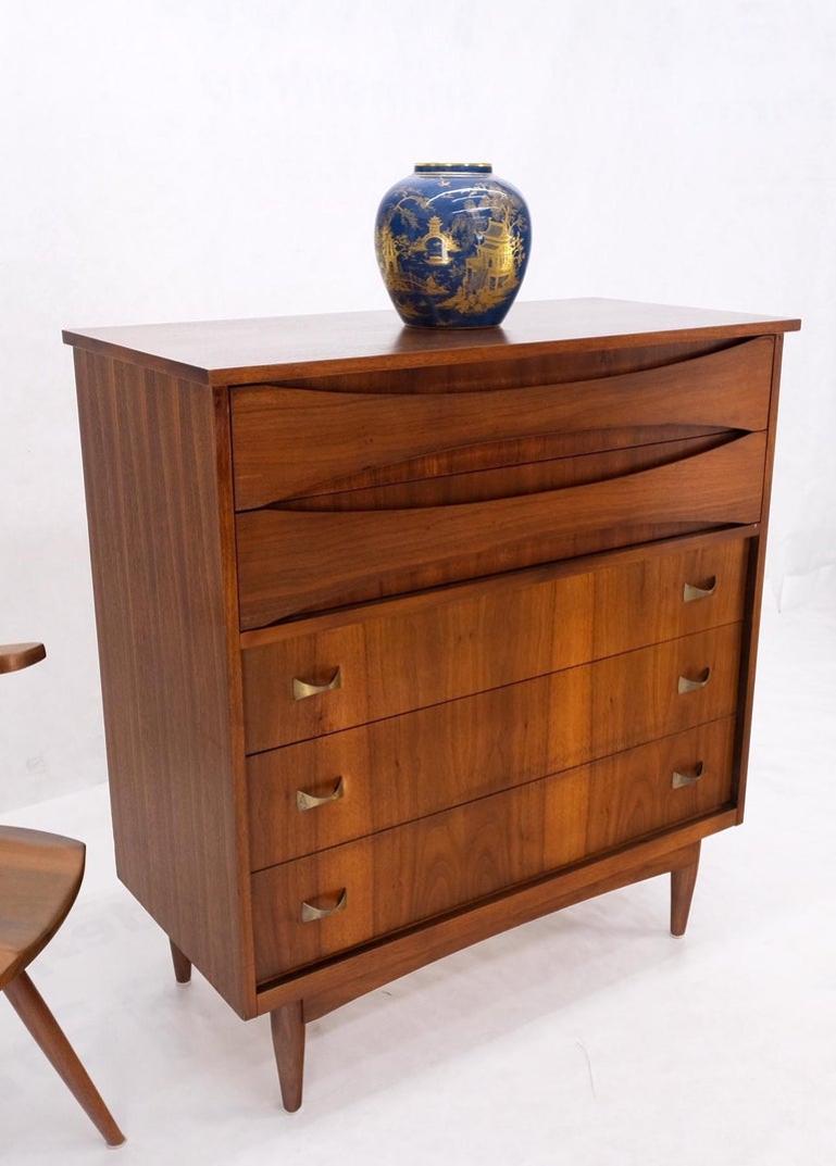 Danish Mid-Century Modern 5 Drawers High Chest Dresser Bow Tie Pulls Dowel Leg
