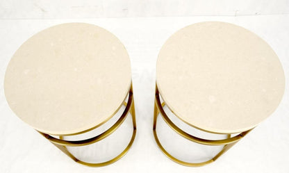 Pair of Round Marble Stone Top Square Brass Profile Base End Side Tables Stands