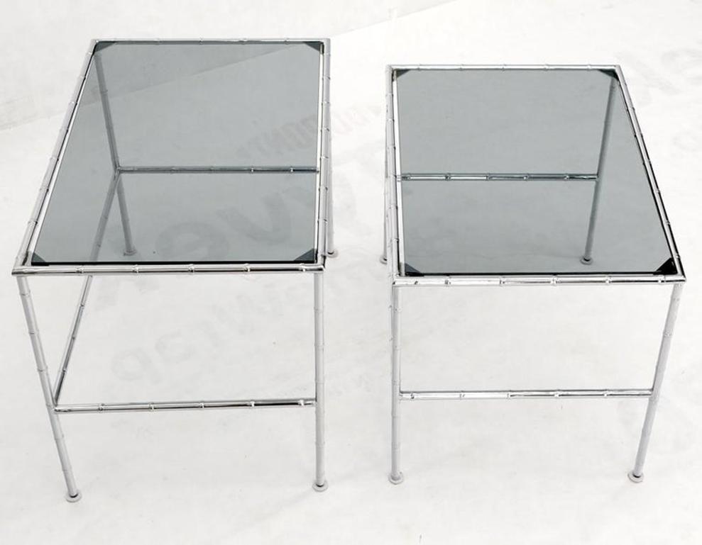 Pair of Chrome Faux Bamboo Smoked Glass Tops Nesting Tables