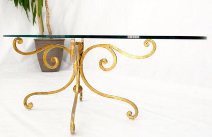 Oval Glass Gold Gilt Wrought Iron Metal Base Hollywood Regency Coffee Table