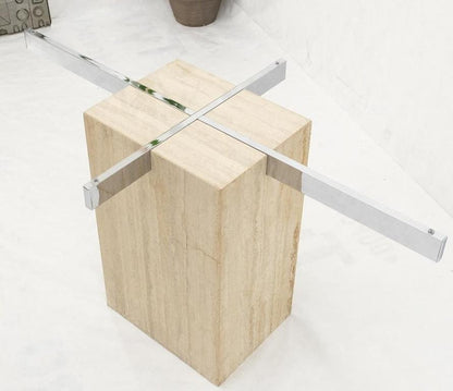 Single Travertine Rectangle Base Chrome Stretchers Glass Top Dining Table Italy