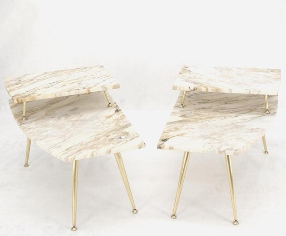 Pair of Asymmetrical Wedge Two Tier Marble Top Tapered Brass Legs Side End Table