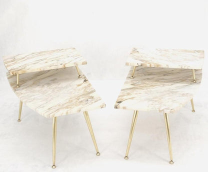 Pair of Asymmetrical Wedge Two Tier Marble Top Tapered Brass Legs Side End Table