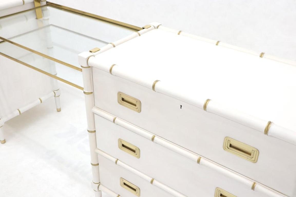 Pair of White Lacquer Brass Hardware Bachelor Chest with Suspended Brass Vanity