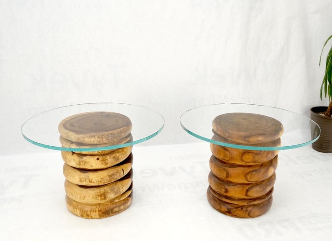 Pair Solid Carved Wood Cylinder Shape Bases Glass Top End Side Tables Stands