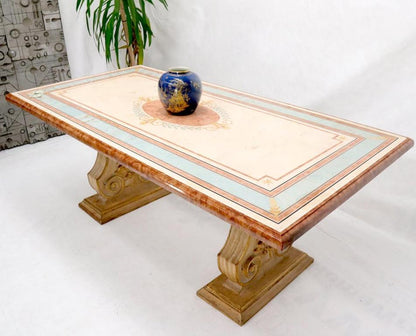 Enamel Decorated Marble Top Dining Table on Carved Gold Lyre Shape Pedestals