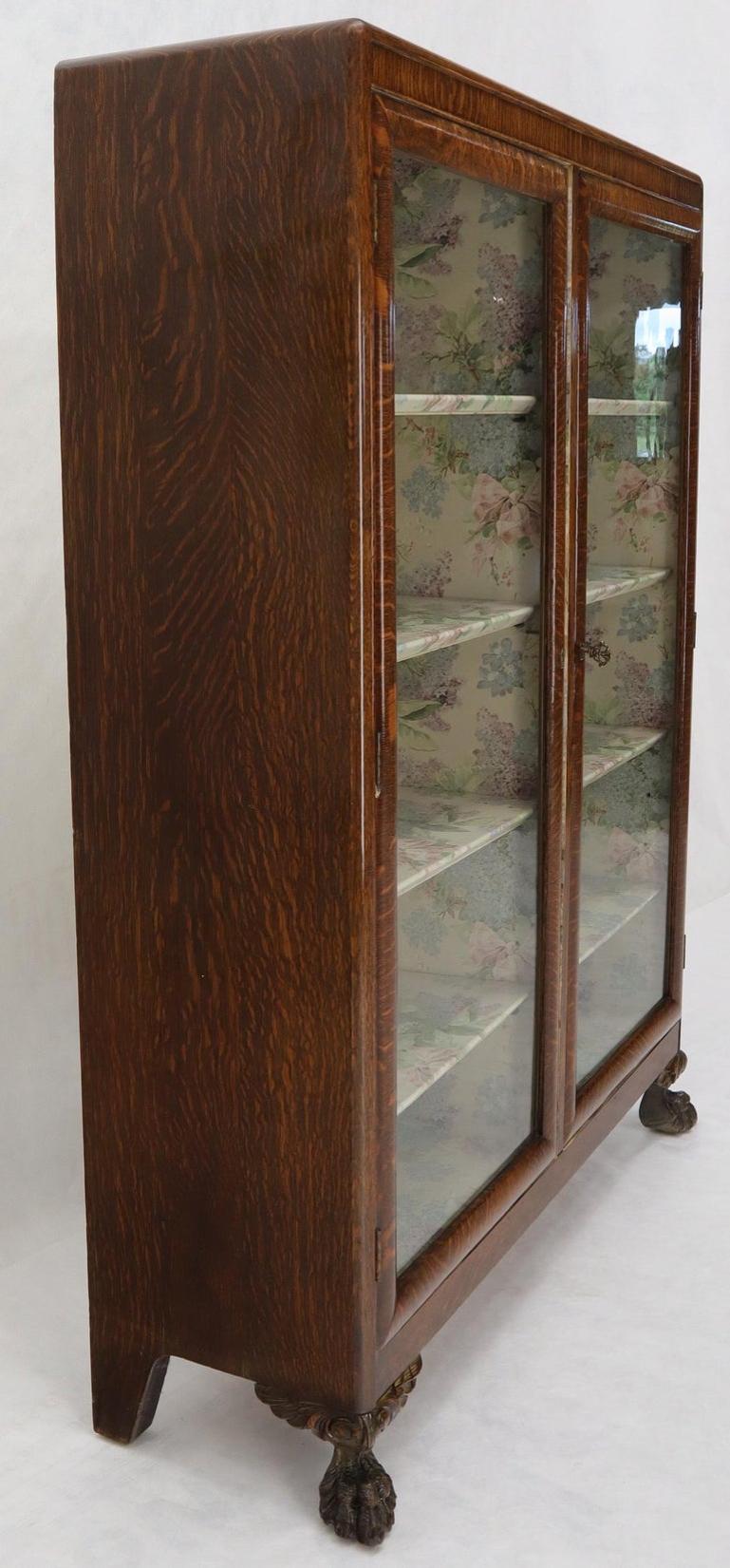 Claw Feet Tiger Oak Double Door Bookcase Curio Cabinet Wallpaper Interior