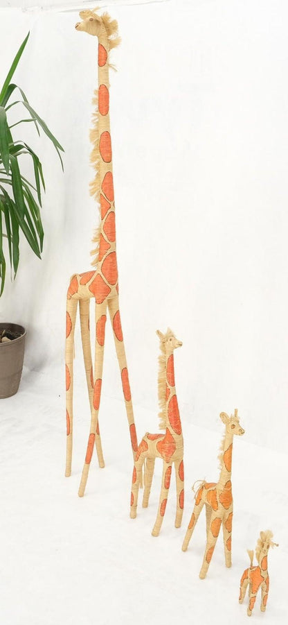 Group of 4 Giraffe Folk Art Rattan Bamboo Straw Hand Painted Animal Sculptures