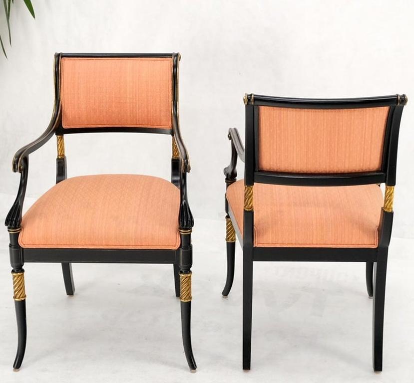 Pair Regency Ebonized Gilt Craved Fireside Dining Arm Chairs Horn Shape Leg