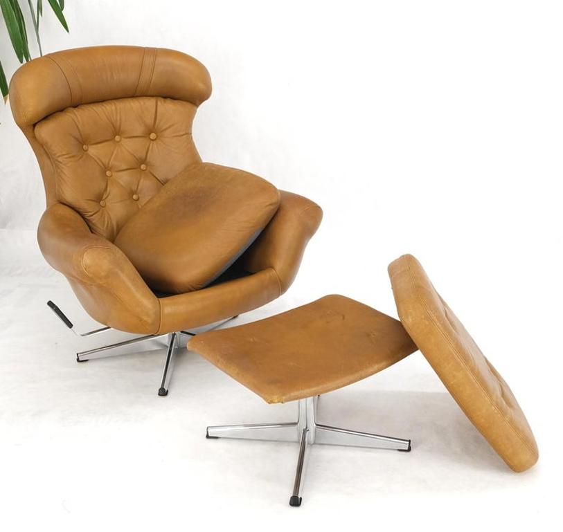 Mid-Century Modern Tan Leather Egg Style Wide Back Lounge Chair & Ottoman