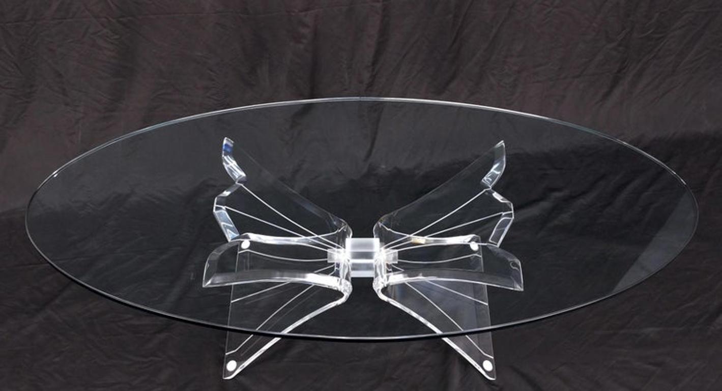 Lucite Bow Tie Butterfly Wing Shape Base Oval Glass Top Mid Century Coffee Table