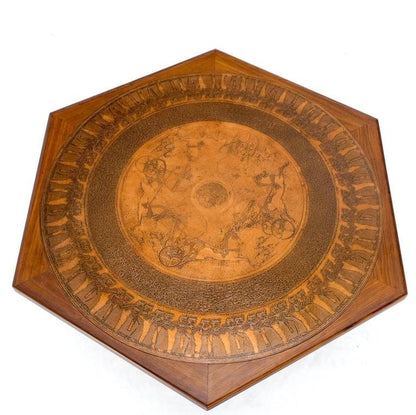 Large Hexagon Walnut & Egyptian Motif Copper Minting Top Coffee Table Ebonized