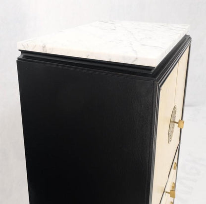 Black Lacquer Marble Top Goatskin Drawers & Double Doors Liquor Silver Cabinet