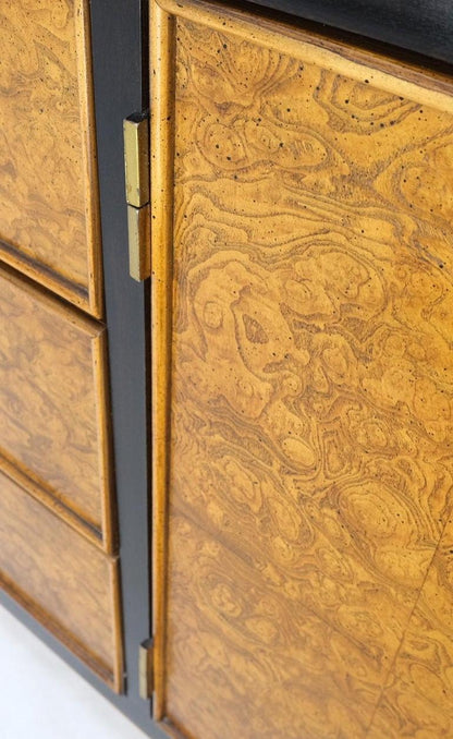 Burl Wood Black Ebonized Border 9 Drawers Long Dresser Credenza Brass Pulls Mint