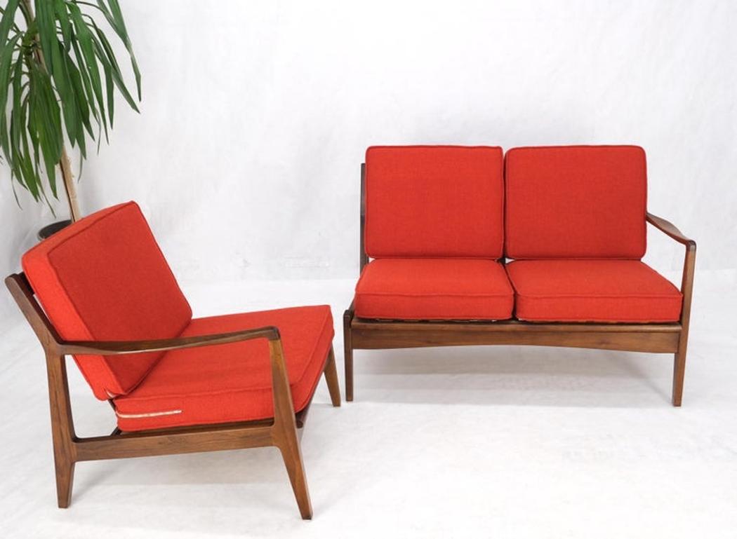 Danish Mid-Century Modern Walnut Lounge Chair Settee Loveseat Couch Sofa Set