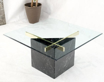 Black Cube Shape Marble Base Brass Stretchers Square Glass Top Coffee Table