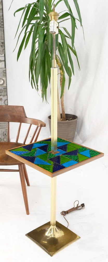 Green Blue Art Glass Square Mosaic Top Side End Table Floor Lamp Mid-Century