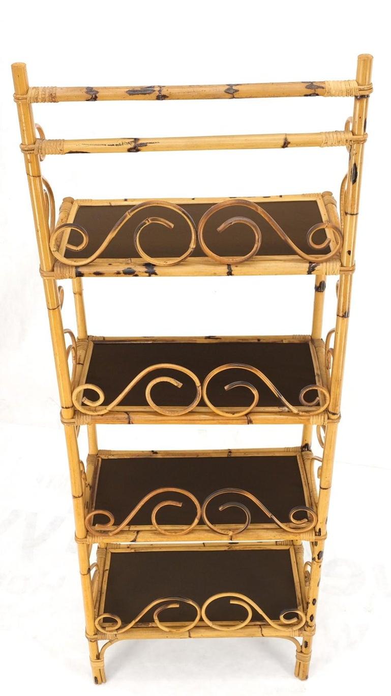 Rattan Burned Bamboo Decorative Scrolls 4 Tier Shelf Bookcase Etagere 1970s Mint