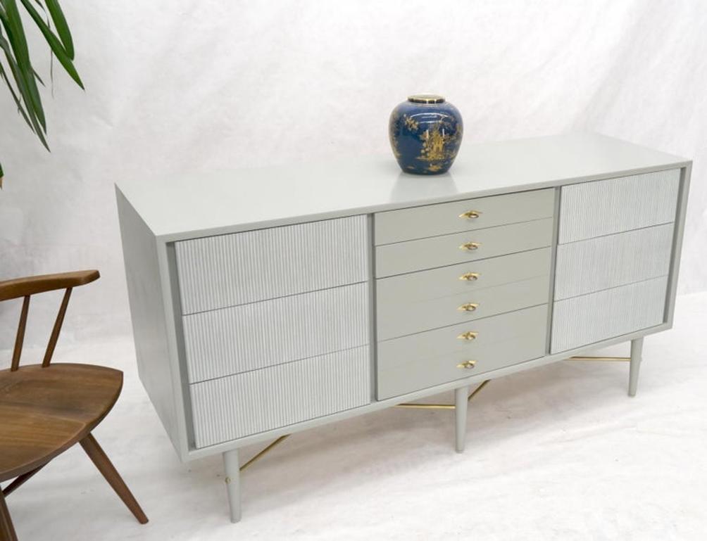 Two Tone Light Grey & White Fluted Drawer Fronts Brass Stretchers Long Dresser