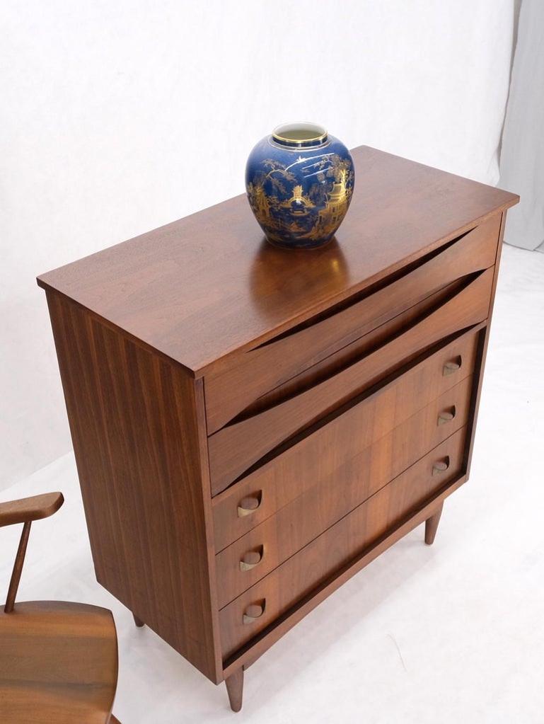 Danish Mid-Century Modern 5 Drawers High Chest Dresser Bow Tie Pulls Dowel Leg