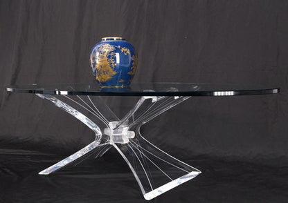 Lucite Bow Tie Butterfly Wing Shape Base Oval Glass Top Mid Century Coffee Table