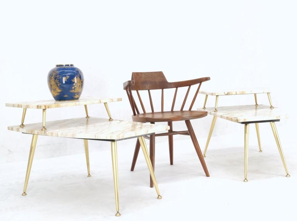 Pair of Asymmetrical Wedge Two Tier Marble Top Tapered Brass Legs Side End Table
