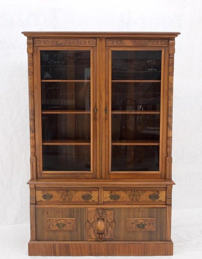Burl Walnut Adjustable Shelves Two Doors One Drawer Antique Bookcase Cabinet