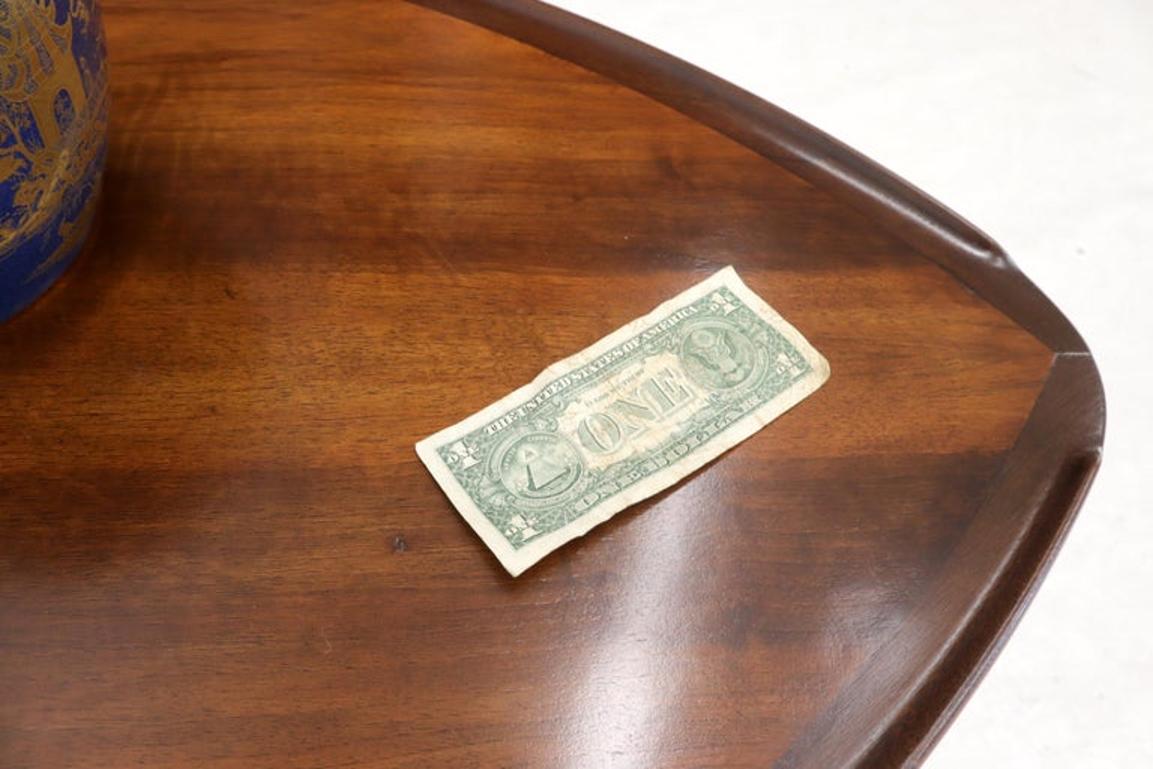 Rounded Triangular Shape Danish Mid-Century Modern Side Occasional Table Cane
