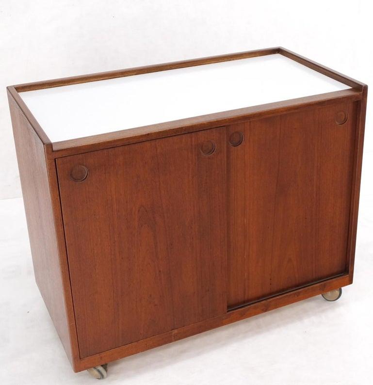 Teak Danish Modern Petit Serving Credenza on Wheels Bar Liquor Cabinet Dresser