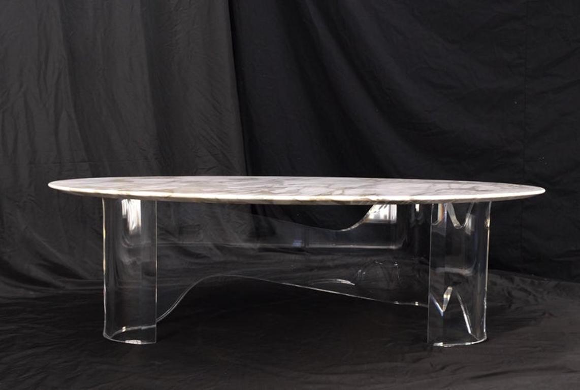 Mid-Century Modern Oval Carrara Marble Top Organic Lucite Base Coffee Table