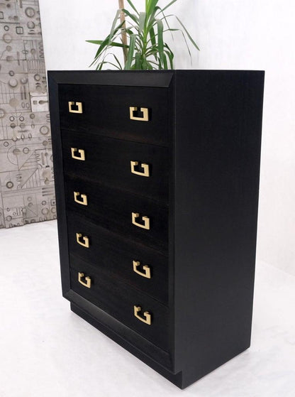 Ebonized Black Lacquer Mahogany Tall 5 Drawers Dresser Gold Bracket Pulls MNT