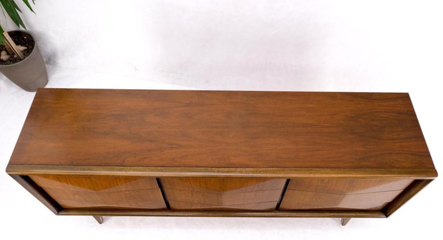 Mid-Century Modern Sculpted Walnut 9 Diamond Front Drawers Dresser Mint