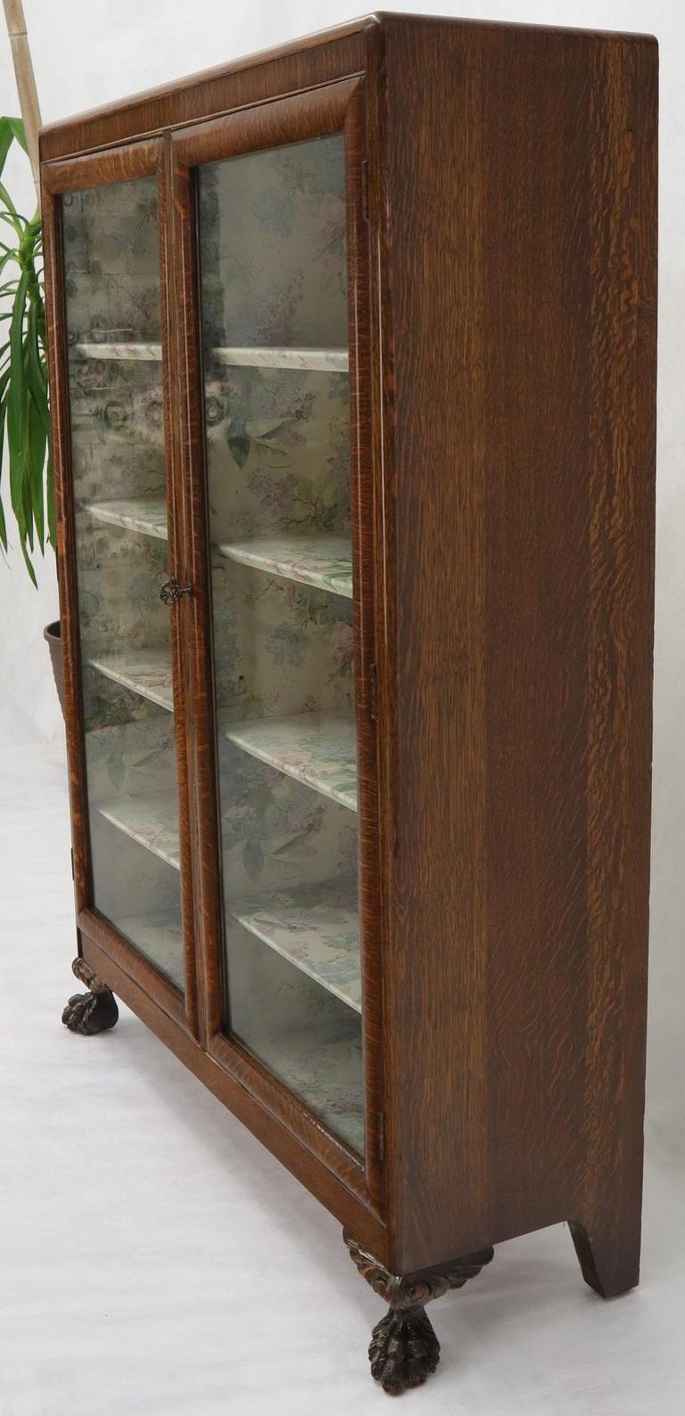 Claw Feet Tiger Oak Double Door Bookcase Curio Cabinet Wallpaper Interior