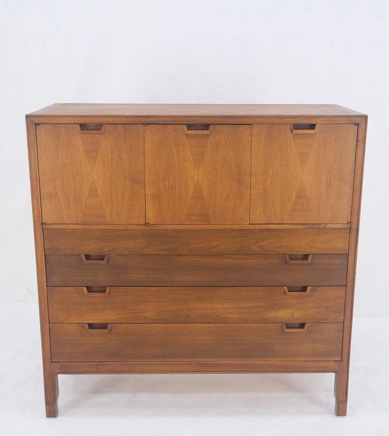 Mid Century John Stuart Walnut 2 Doors 4 Drawers Gentleman's High Chest Dresser