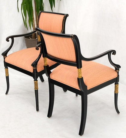 Pair Regency Ebonized Gilt Craved Fireside Dining Arm Chairs Horn Shape Leg