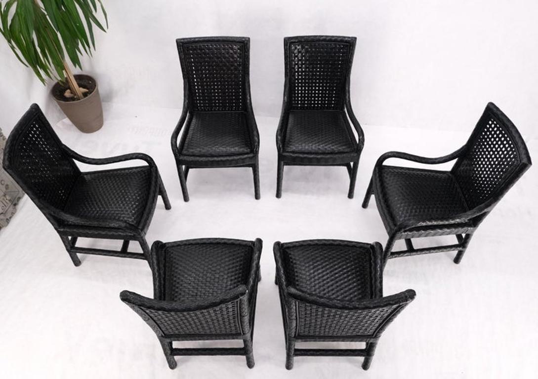 Unusual Set of 6 Black Leather Strap Weaved Dining Arm Chairs Mid Century Moder