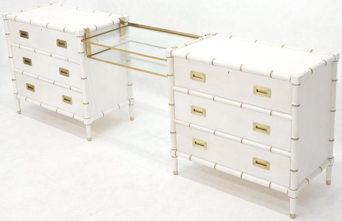 Pair of White Lacquer Brass Hardware Bachelor Chest with Suspended Brass Vanity