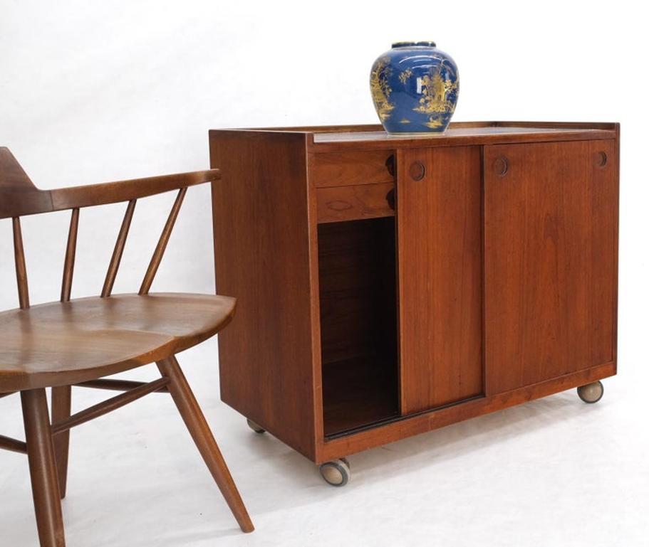 Teak Danish Modern Petit Serving Credenza on Wheels Bar Liquor Cabinet Dresser