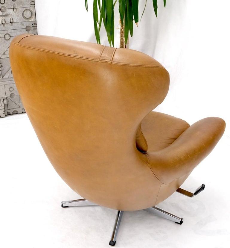 Mid-Century Modern Tan Leather Egg Style Wide Back Lounge Chair & Ottoman