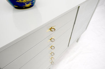 Two Tone Light Grey & White Fluted Drawer Fronts Brass Stretchers Long Dresser
