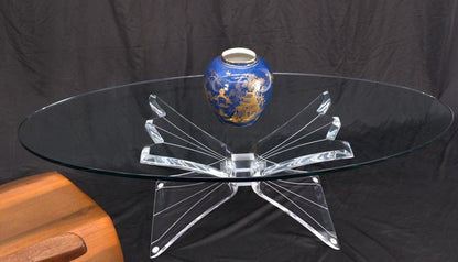 Lucite Bow Tie Butterfly Wing Shape Base Oval Glass Top Mid Century Coffee Table