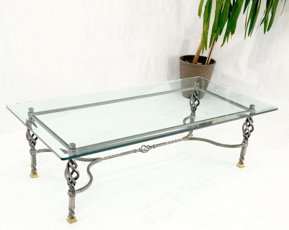 Wrought Iron Art Ornament Brass Tips Feet Glass Top Rectangle Coffee Table MINT